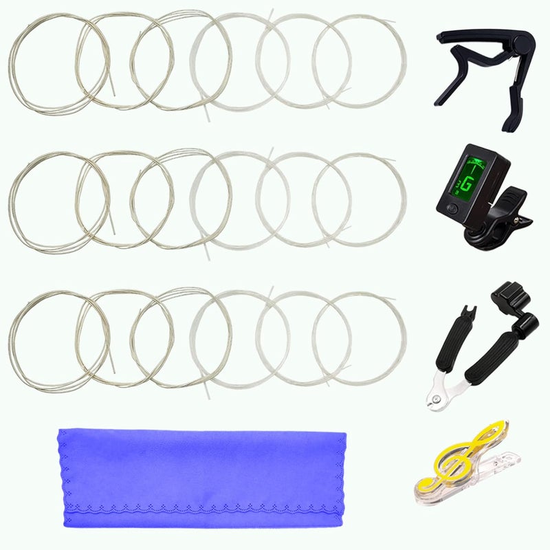 JYsun Classical Guitar Strings 3 Full Sets Clear Nylon with Tuner, 3 in 1 Restringing Tool, Capo, Music Book Clip, Cleaning Cloth - Image 1
